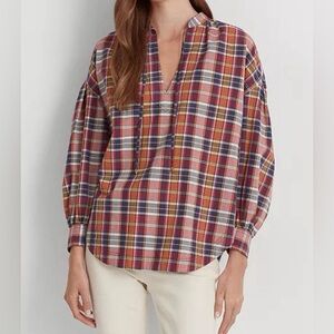Ralph Lauren Red, Blue, Gold Multi Plaid Madras V-Neck Fall Top